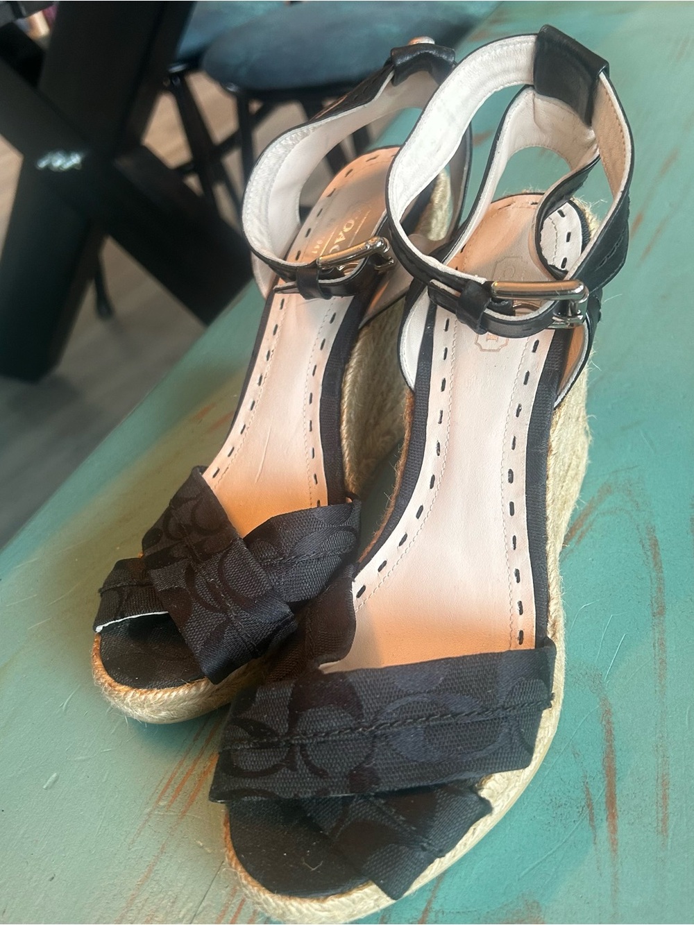 Coach Veronica Black Wedge Espadrille Sandals with Ankle Strap